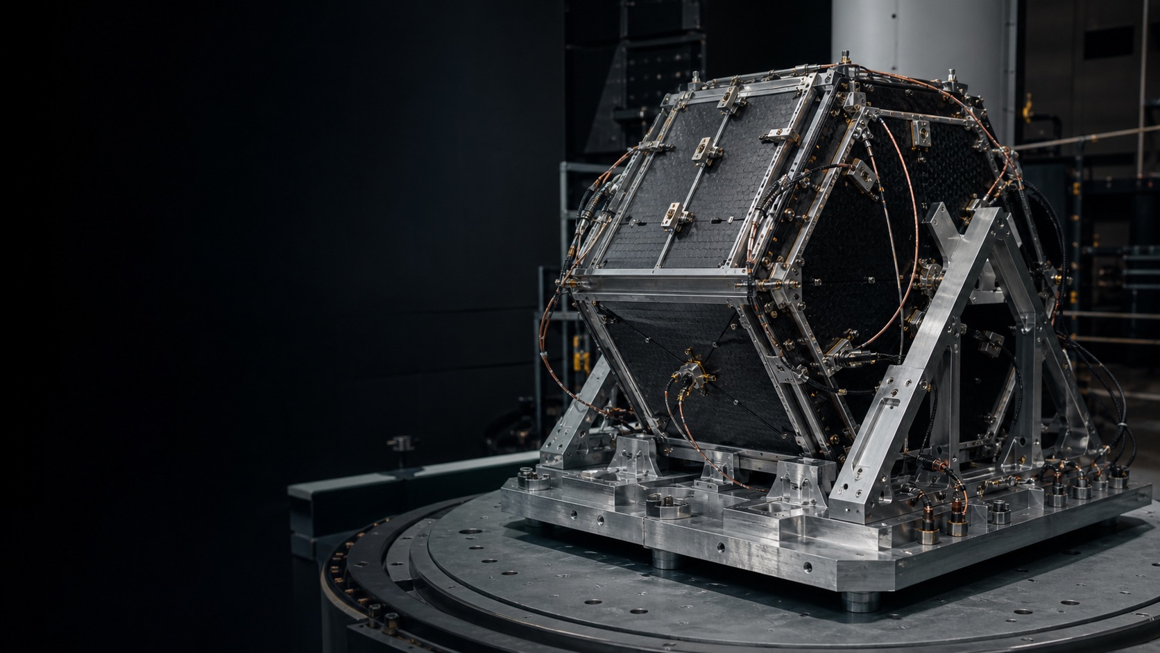 Spacecraft structural test article with instrumentation harnesses mounted to a vibration fixture